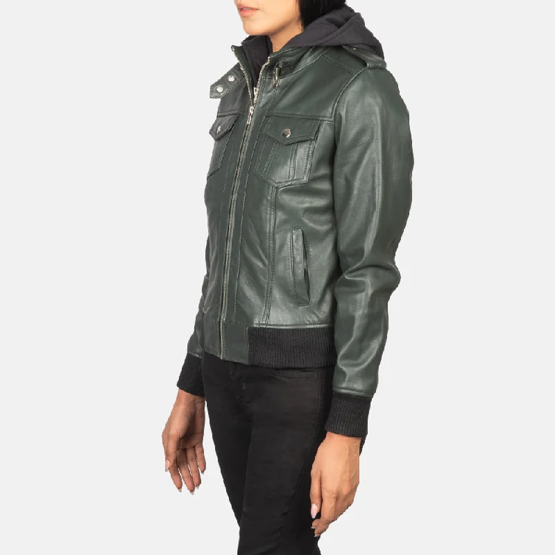 Roslyn Green Hooded Leather Bomber Jacket