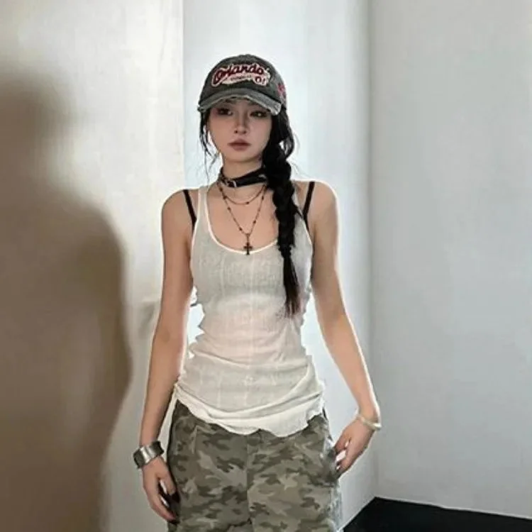 Lunivop American Retro White Camisole Vest 2024 Summer New See Through Mesh Tank Top Y2k Irregular Slim Fit Sleeveless Tops Women