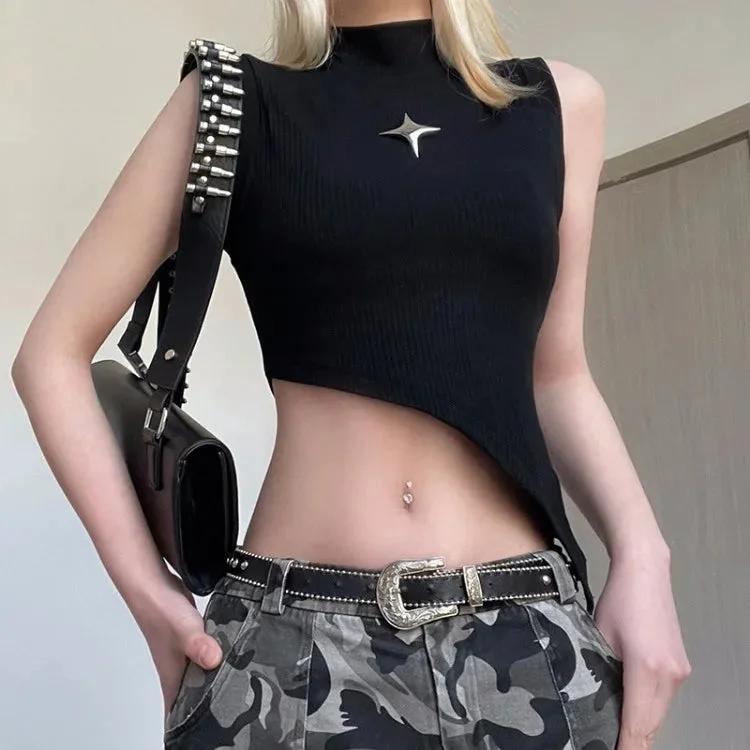 Lunivop High Street Metal Star Turtleneck Black Vest for Women Sexy Irregular Slim Fit Tank Top Y2k E-Girl Sleeveless Tops Mujer