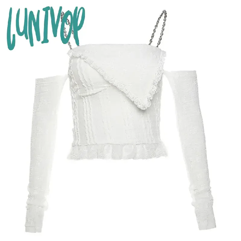 Lunivop White Thin Lace Knitted Tight Sexy Hot All-Match Casual High Street Fashionable Women's Camisole Vest With Sleeve