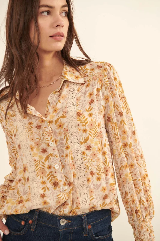 Amber Blooms Lace-Trim Floral Button-Up Shirt