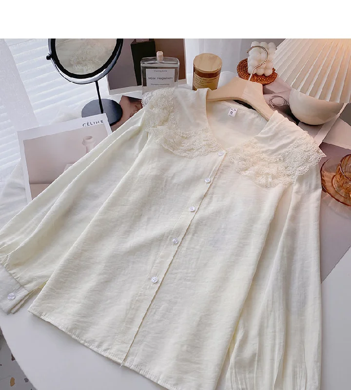 Baby collar lace edge solid color shirt slim long sleeve top  6385