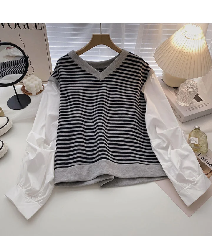 Contrast stripe V-Neck long sleeve shirt  6315