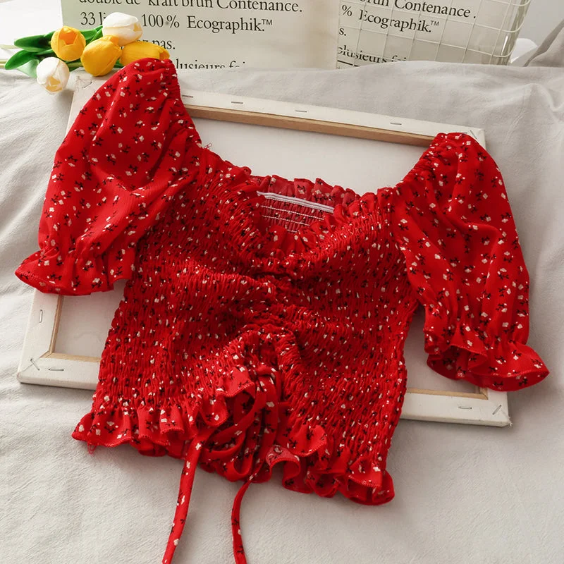 Cute floral drawstring crop top  293