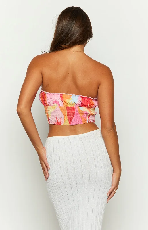 Dray Pink Sun Print Strapless Crop Top