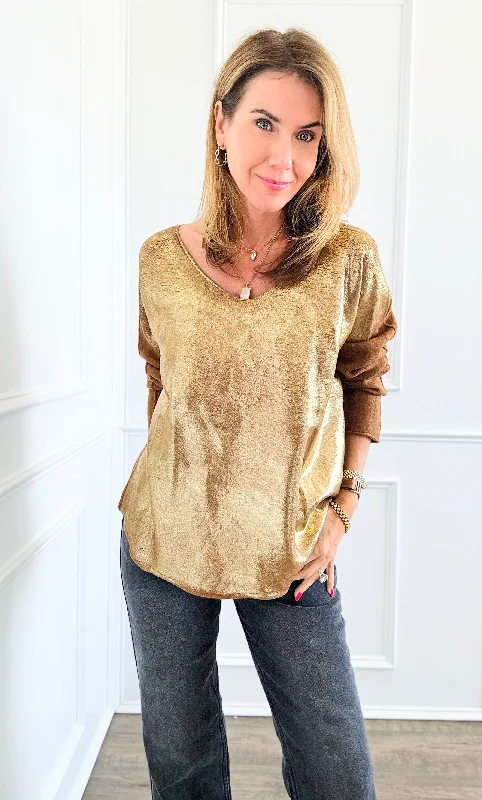 Gold Shine V-Neck Italian Pullover- Camel