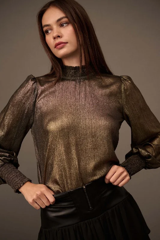 Golden Age Metallic Bishop-Sleeve Mock Neck Top