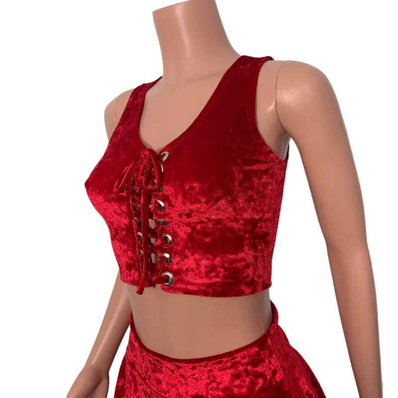 Lace-Up Crop Top - Red Crushed Velvet