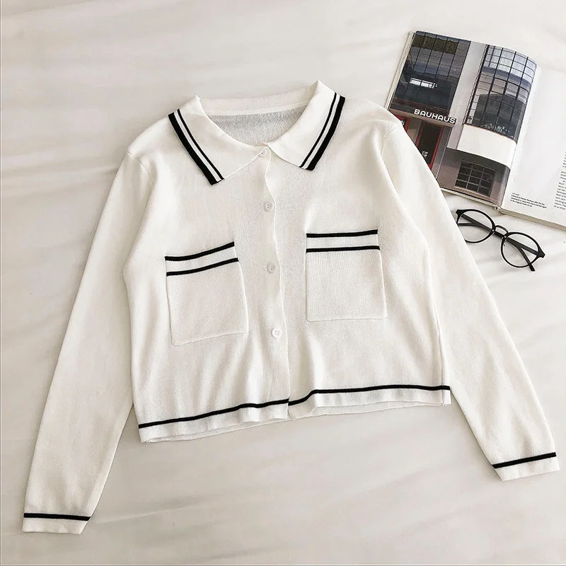 Lapel single breasted cardigan Vintage long sleeve sweater women  6549