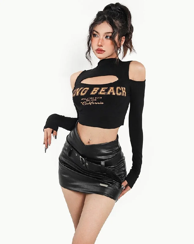 LONG BEACH Graphic Letter Print turtleneck Cut Out Crop Top