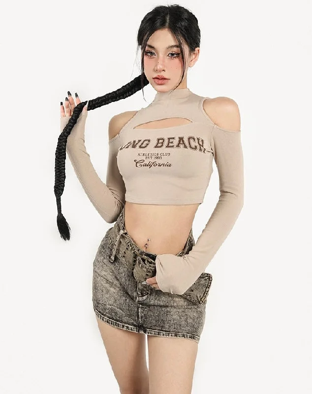 LONG BEACH Graphic Letter Print turtleneck Cut Out Crop Top