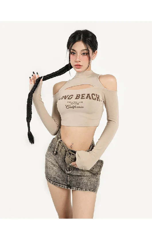 LONG BEACH Graphic Letter Print turtleneck Cut Out Crop Top