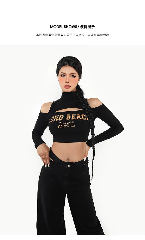 LONG BEACH Graphic Letter Print turtleneck Cut Out Crop Top