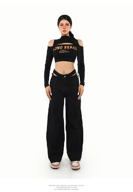 LONG BEACH Graphic Letter Print turtleneck Cut Out Crop Top