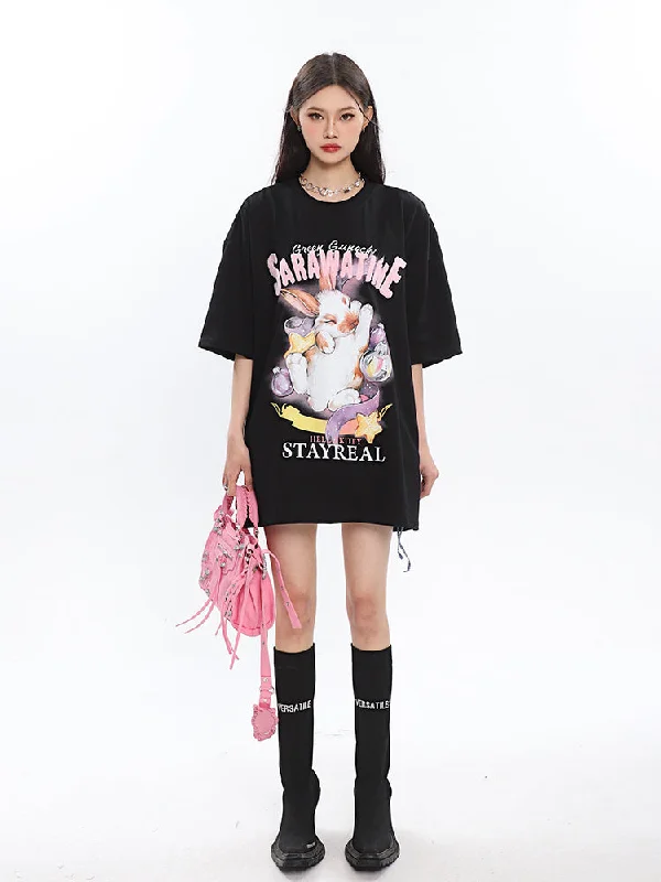 SAWARATINE Graphic Image Print Solid Color Short Sleeve Tee Shirt Top