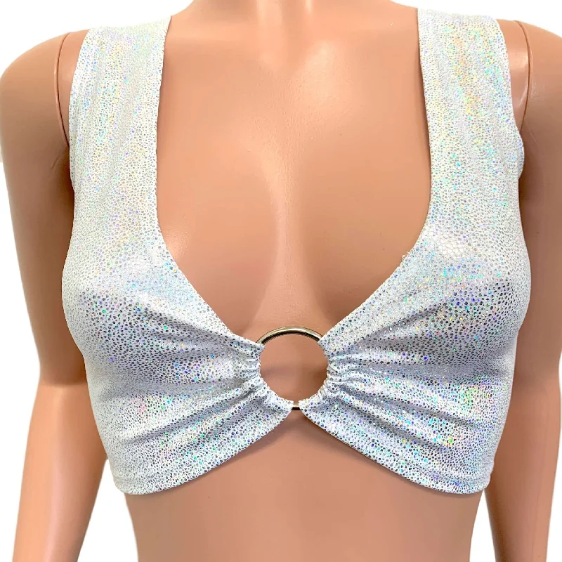 Silver on White Holographic Ring Crop Top