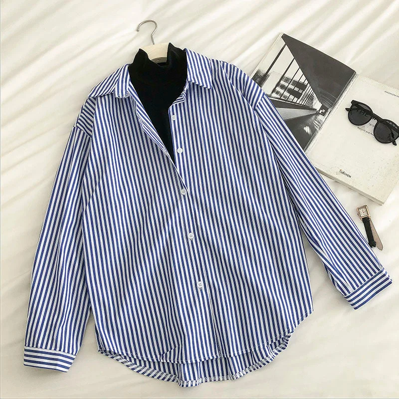 Simple striped single breasted contrast fake two loose long sleeved women's shirt  6244