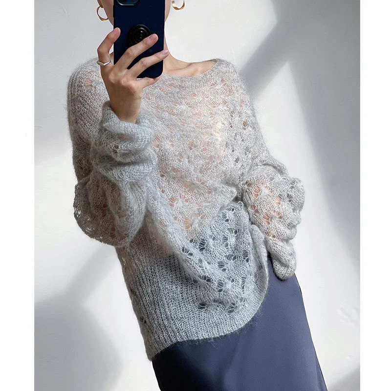 Soft baby mohair cashmere lazy loose hollow crochet knitted short top blouse sweater women's thin autumn