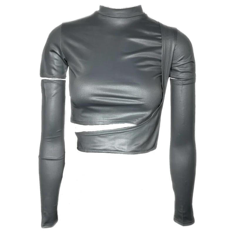 SYNEZ Solid Color Metallic Gloved Cut Out Slim Cropped Top