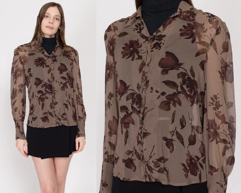 Large 90s Sheer Silk Brown Floral Blouse