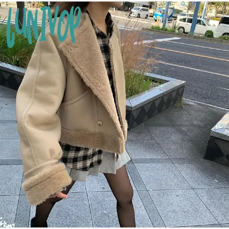 Lunivop Fashion Fleece Cropped Patchwork Short Coat Chic Solid Long Sleeve Cardigan Jacket Autumn Winter Lady High Street Overcoat