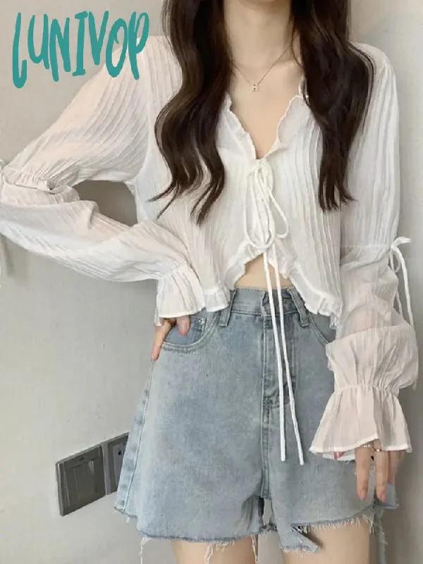 Lunivop Sweet Ruffles Crop Top Women Summer Casual Long Sleeve Cardigan Female Korean Fashion Lace Up Candy Color Thin Sunscreen Tops