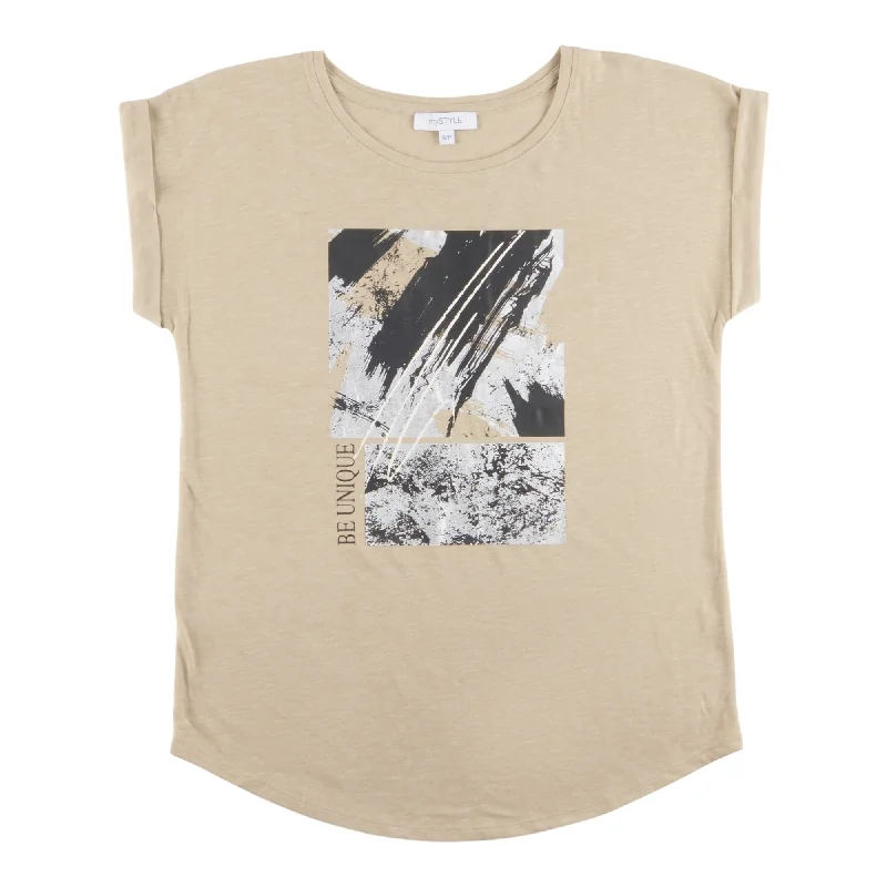 mySTYLE Women's New Wave Screen Printed Tee with Rolled Sleeves