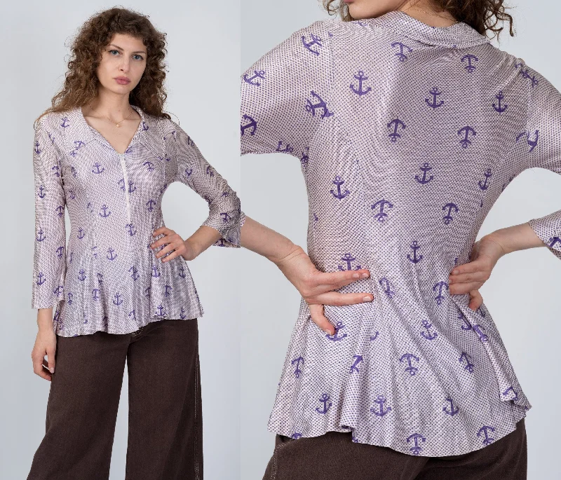 Retro 70s Anchor Print Blouse - Medium