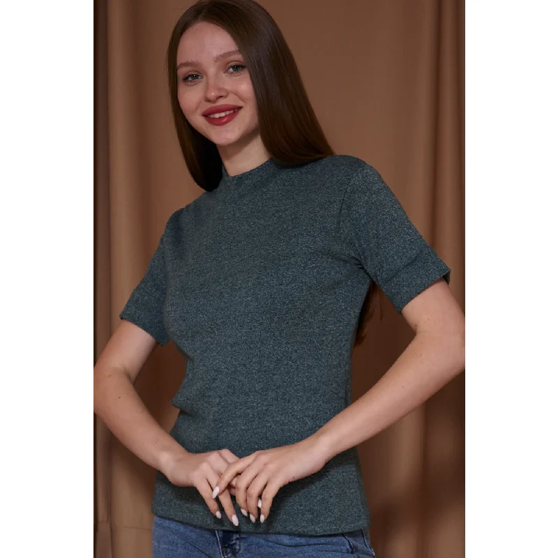 Green Melange Mock Neck Half Sleeves