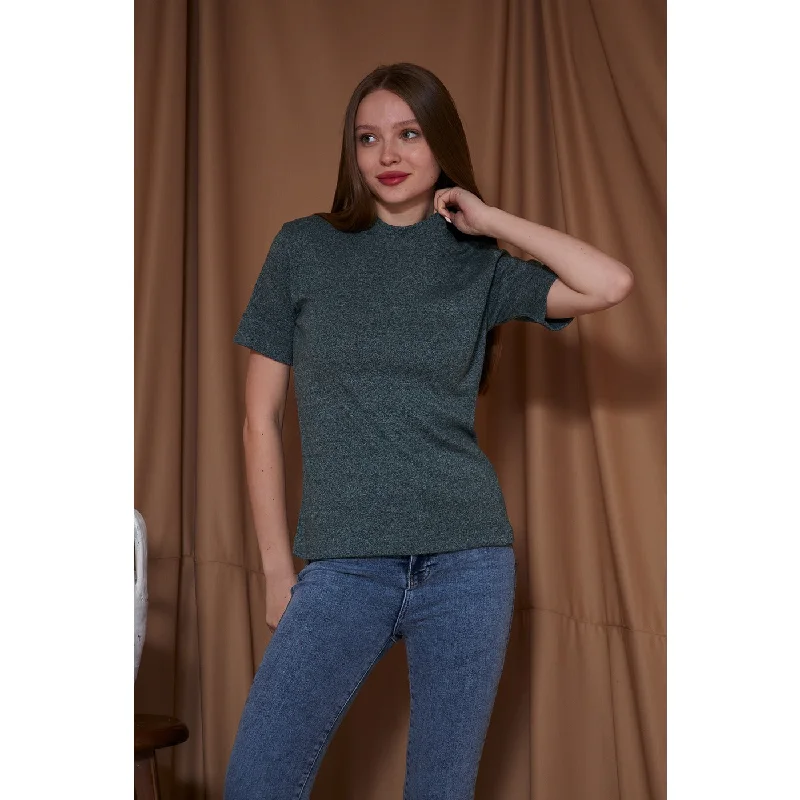 Green Melange Mock Neck Half Sleeves